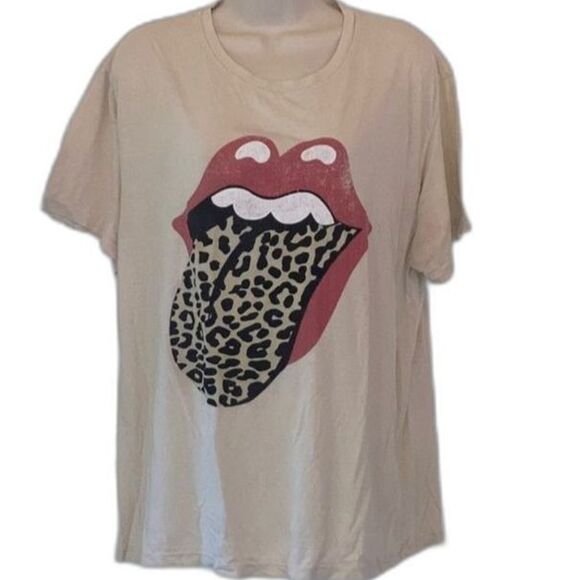 FREE PEOPLE Day Dreamer Rolling Stones Flocked Leopard Tongue Tee Womens Medium - Picture 1 of 11